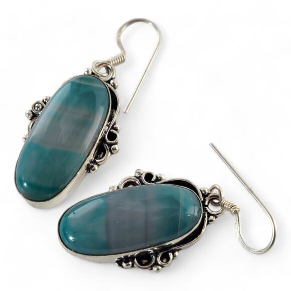 Sterling Silver Teardrop Earrings with Striated Blue Gemstone - Picture 3 of 16